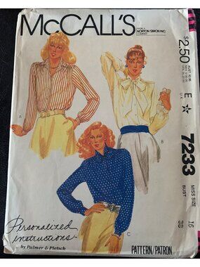 McCall's Misses Shirt Sewing Pattern Size 16 7233 - Uncut 1980s